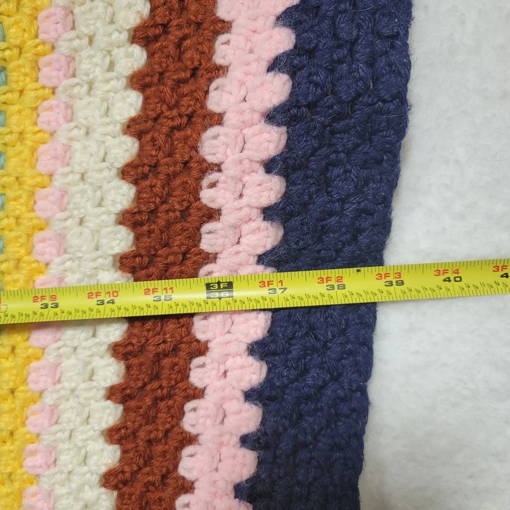 Handmade Crochet Striped Afghan Throw  Retro Rainbow Colors Blanket 38